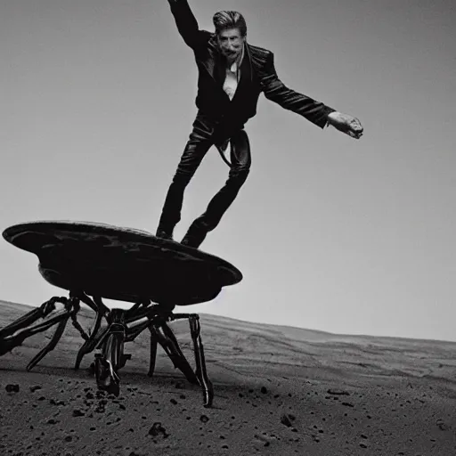 Prompt: wetplate photography, david bowie riding a spider on mars
