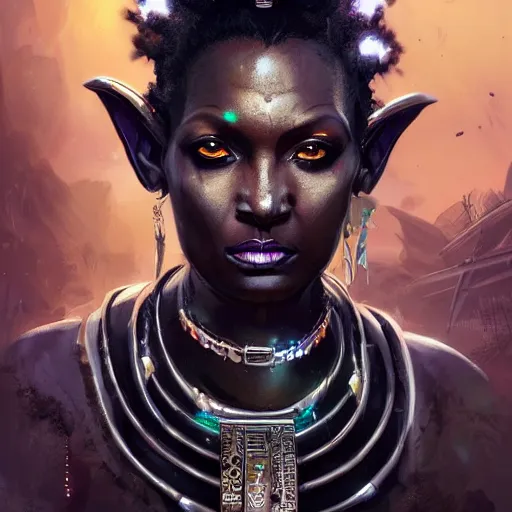Image similar to a dark and ominous african queen with glowing eyes, a black diamond in her forehead, and jewelry made of bones, Apex Legends character digital illustration portrait design, by android jones and greg rutkowski in a cyberpunk voodoo style, detailed, cinematic lighting, wide angle action dynamic portrait