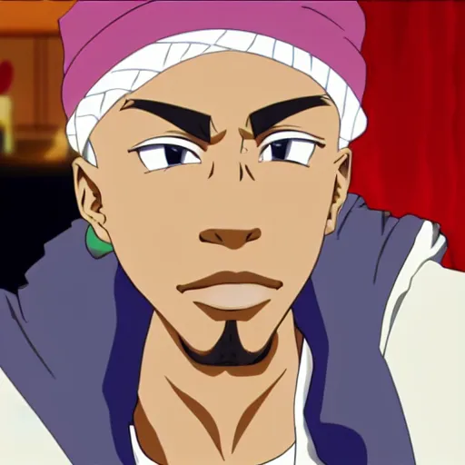 Image similar to Tupac Shakur, screenshot from a 2012s anime