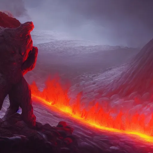 Prompt: a lava man on a winter biome outraging to the camera, cinematic, artistic, cool pose, heatwave, fantasy, hyper realism, behance, artstation, unreal engine 5, octane, deviantart