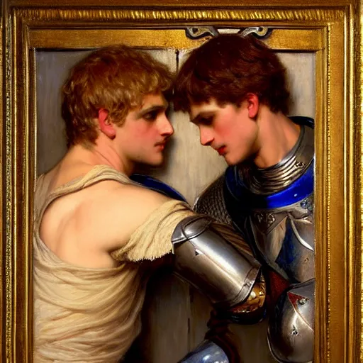 Image similar to attractive fully clothed arthur pendragon confesses his love for his attractive fully clothed male knight. highly detailed painting by gaston bussiere and j. c. leyendecker 8 k