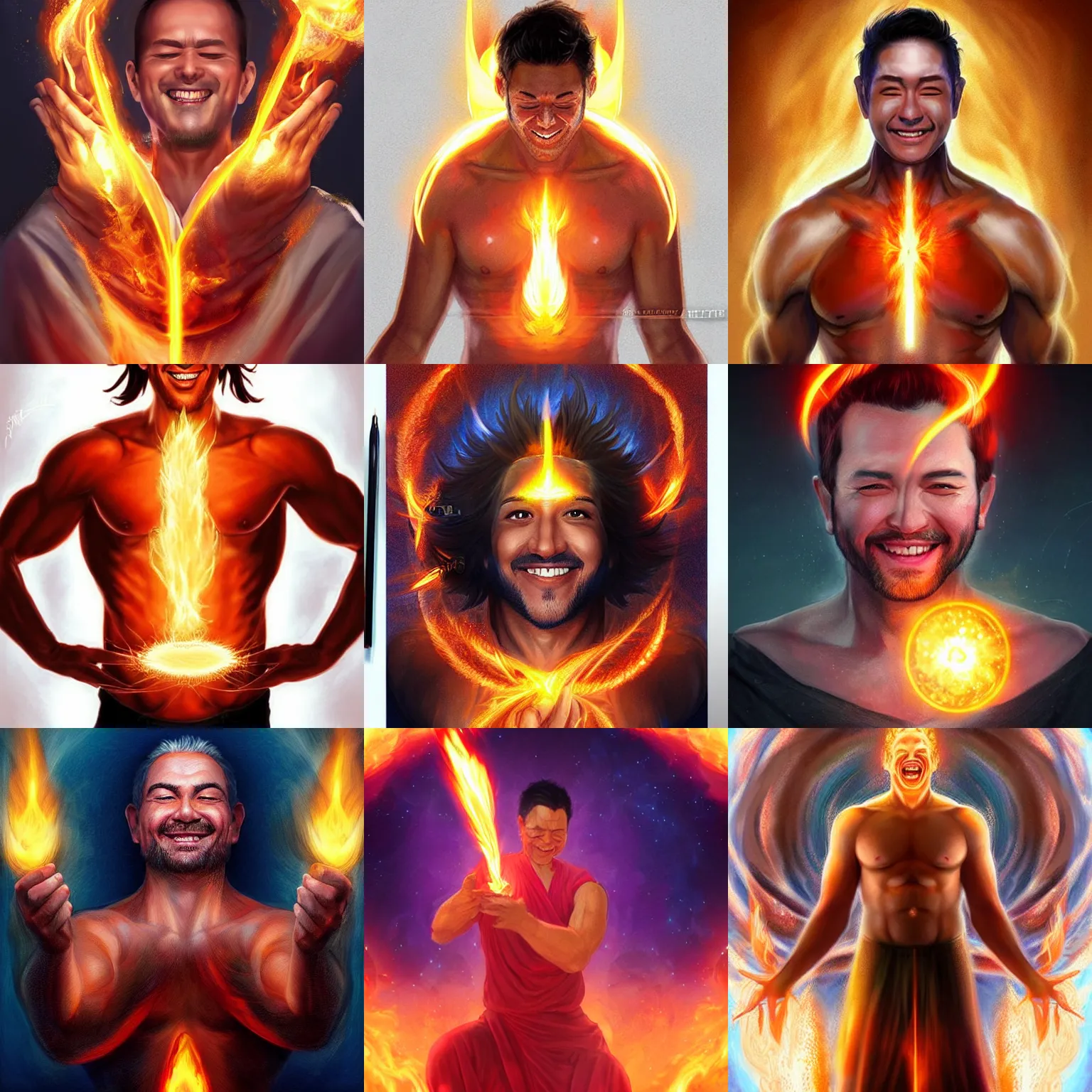 Prompt: a happy man in his early 4 0 s, divine fire powers his body and head, digital art by artgerm