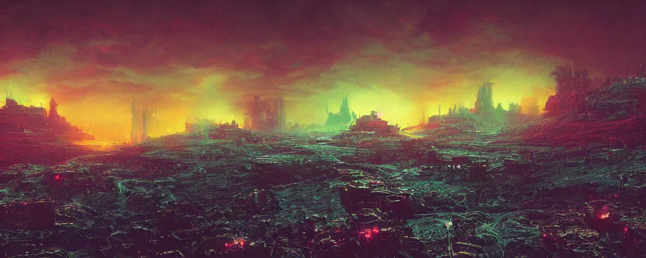 Prompt: ” otherwordly depressing landscape radioactive desolate wasteland, [ cinematic, detailed, epic, widescreen, opening, establishing, mattepainting, photorealistic, realistic textures, octane render, art by paul lehr ] ”