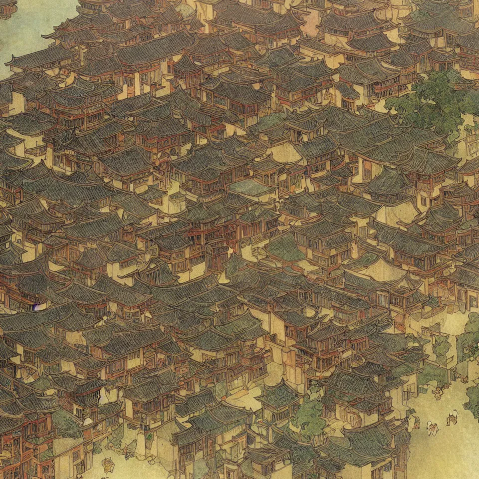 Image similar to a painting of abstract buildings like hongcun ancient village houses by alphonse mucha