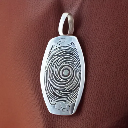 Image similar to amulet of wave inlaid in silver, on a young beautiful woman neck, realistic, clean,