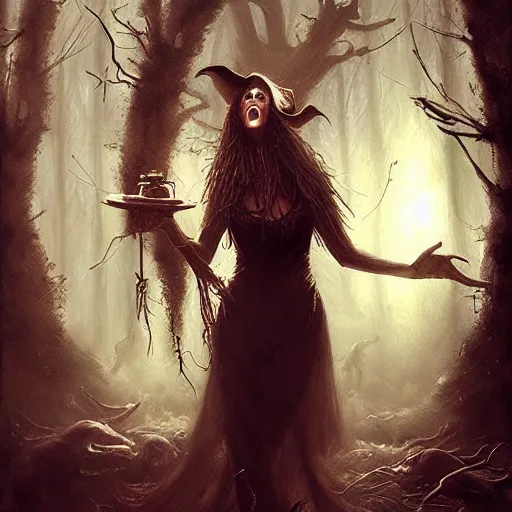 Image similar to witch performing a ritual in a dark forest painted by Raymond Swanland