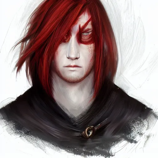 Prompt: Red-Heared Shanks with red hair parted in the middle in a surfer's cut, straight hair down to the ear. His left eye has three diagonal wounds, but the eye is open. He wears a black cloak with a collar. painted fantasy character portrait, head shot, concept art, sharp focus, highly detailed, illustration, trending on artstation, art by greg rutkowski