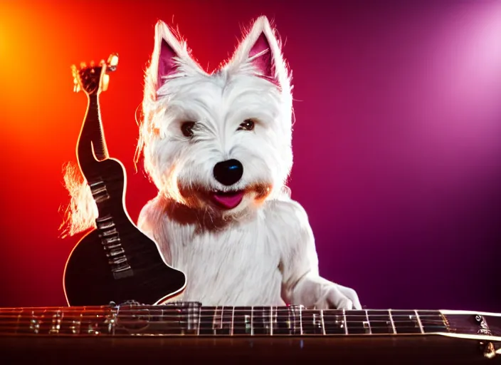 Image similar to photo still of an anthropomorphic westie!!!!!!! shredding a guitar on stage, 8 k, 8 5 mm f 1. 8, studio lighting, rim light, right side key light