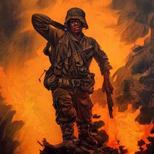 Prompt: ultra realistic portrait painting of a vietnam soldier in the jungle surrounded by orange flames, art by frank frazetta, vintage levi ’ s ad, stormy weather, dark vibes, 4 k, ultra realistic, highly detailed, epic lighting