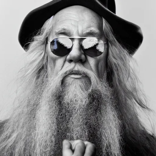 Prompt: face portrait of gandalf wearing shade sunglasses, smoking weed