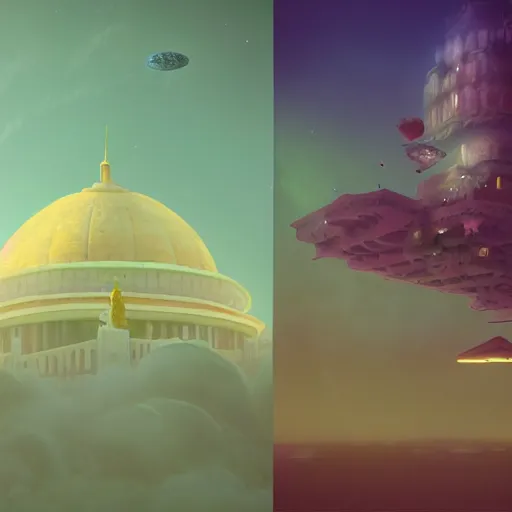 Prompt: flowers in universe, the buildings on cloud, by beeple, lee medgwick, beeple, forbidden city, ayu