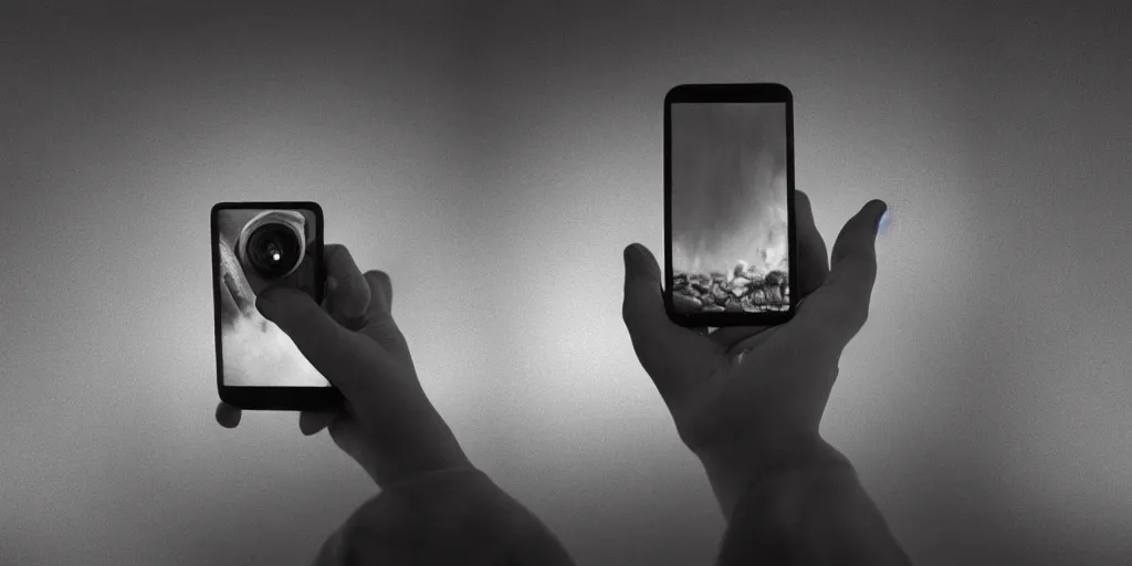 Image similar to cinematic, concept art, hyper realistic, symbolism, Orwellian Smart Phones held in the hand of a child by Scott M Fischer, misty, depth of field, 8k, 35mm film grain, album cover