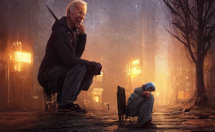 Prompt: highly detailed portrait of joe biden as a homeless, in the game cyberpunk, stephen bliss, unreal engine, fantasy art by greg rutkowski, loish, rhads, ferdinand knab, makoto shinkai and lois van baarle, ilya kuvshinov, rossdraws, tom bagshaw, global illumination, radiant light, detailed and intricate environment