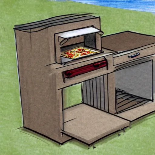 Prompt: new concept for small outdoor open kitchen design with grill and pizza oven, designer pencil sketch, HD resolution