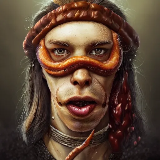 Prompt: portrait of a young rugged hot dog, extra onions and ketchup, luscious with sesame seeds, handsome, D&D, fantasy, intricate, eldritch, Viking, elegant, highly detailed, digital painting, sweaty meat, artstation, concept art, matte, sharp focus, illustration, art by Anna dittmann