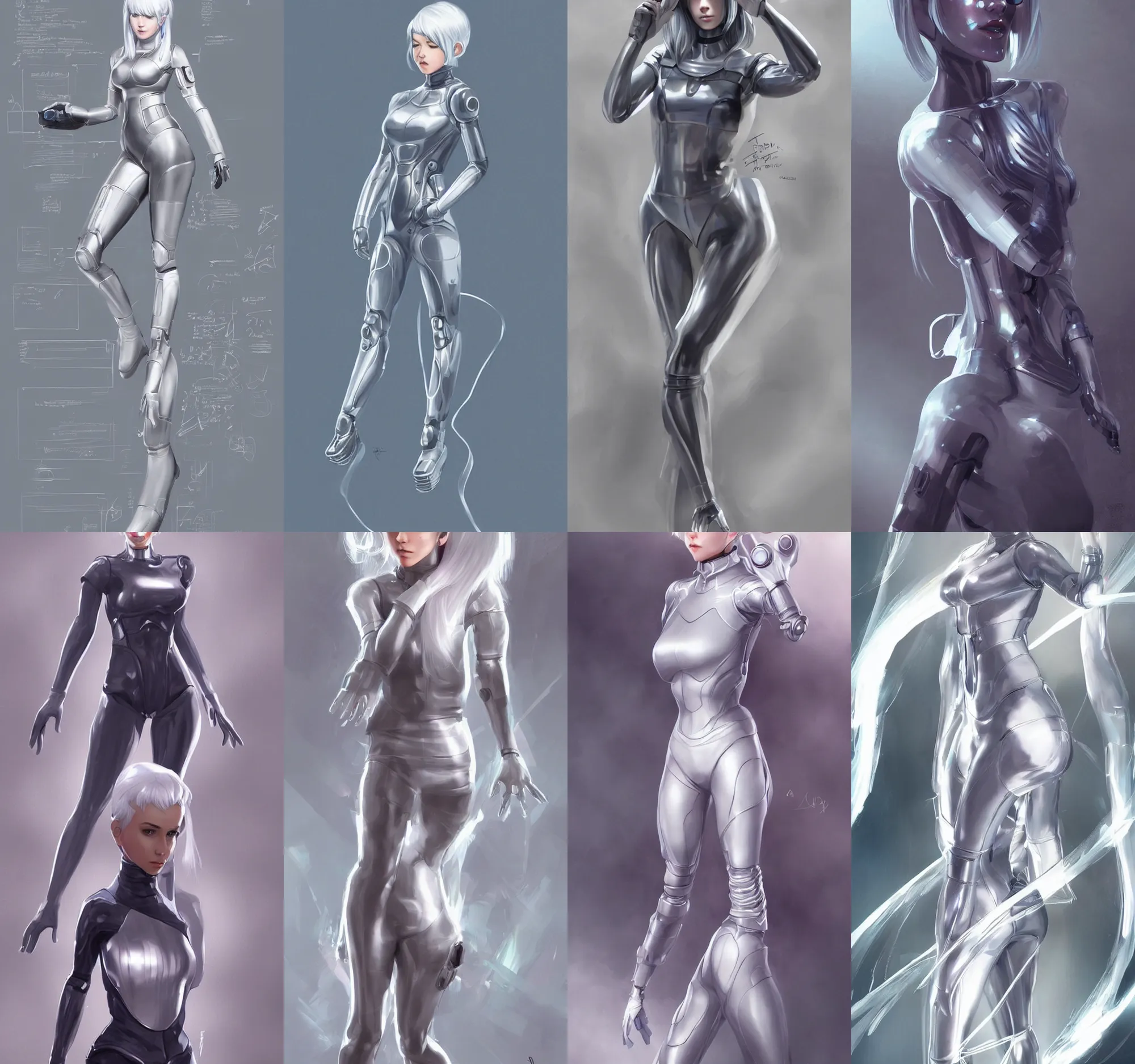 Prompt: a full body concept art of scientist android girl with silver hair by artgerm and wlop