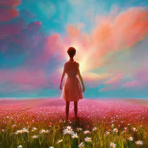 Prompt: giant white daisy flower head, full body girl standing in a flower field, surreal photography, sunrise, dramatic light, impressionist painting, colorful clouds, digital painting, artstation, simon stalenhag