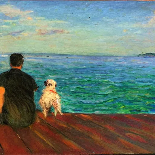 Image similar to a man staring off into the ocean with his dog, impressionist