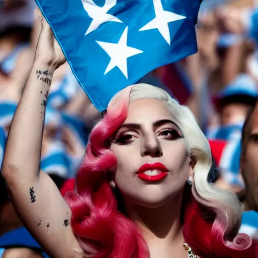 Image similar to Lady Gaga as Evita, Argentina presidential rally, Argentine flags behind, bokeh, epic photo, detailed face, Argentina