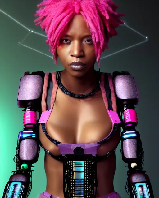 Image similar to portrait of a beautiful black woman with pink hair as a cyberpunk cyborg half robot, revealing wires and electronics, hooked - up, sci - fi, missing panels, intricate abstract upper body intricate artwork, concept art, octane render, deviantart, cinematic, key art, hyperrealism, iridescent accents, portrait photograph, nikon 3 5 mm, photograph by greg rutkowski