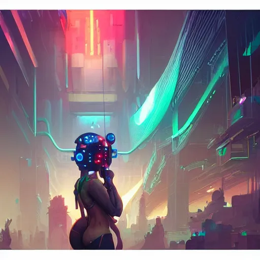 Image similar to crowded place, people, cyberpunk, bionics, augments, lights, cables, colorful, vivid, imposing, epic, digital painting, artstation, concept art, by peter mohrbacher and wlop and rhads,