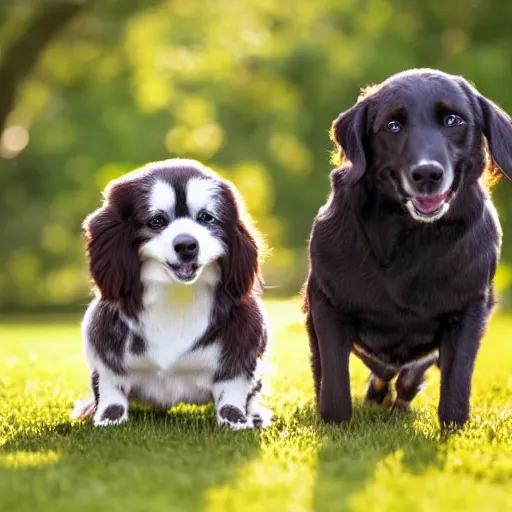 Image similar to cute photo of two silly happy little dogs one black and one brown, in the park, sunny morning, photorealistic, cute, highly detailed