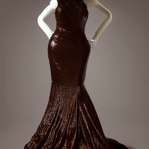 Prompt: a beautiful evening gown made of dark chocolate, on a mannequin.. studio lighting, high quality, high resolution