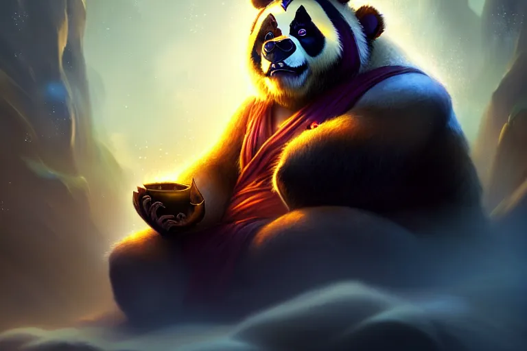 Image similar to [ important ] amazing portrait of a pandaren meditating [ / important ], hearthstone splash art, deiv calviz, splash art, natural light, elegant, intricate, fantasy, atmospheric lighting, by greg rutkowski, hearthstone splash art, hd wallpaper, ultra high details, cinematic composition