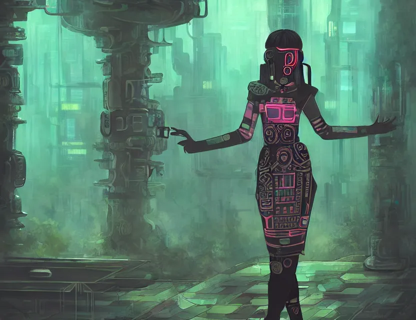 Prompt: aztec scifi barista in a cloud forest cafe, wearing a lovely dress with cyberpunk elements. this oil painting by the award - winning mangaka has an interesting color scheme and impeccable lighting.