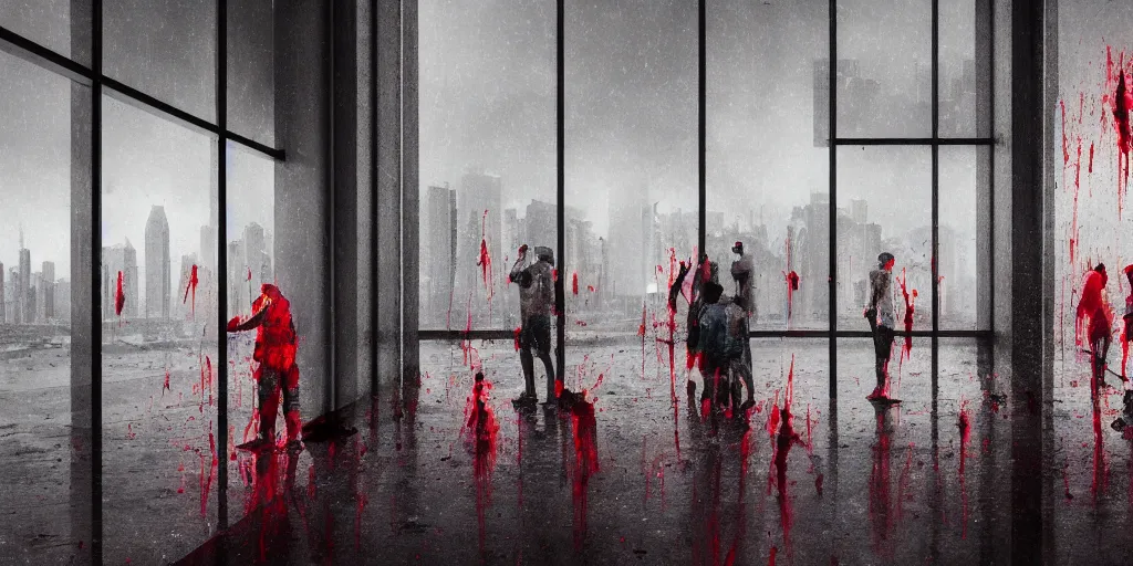 Prompt: long exposure photograph of impoverished migrants gazing out through a large skyscraper window covered in blood behind severe weather storms by neil blevins, hong kong, misty, hyper realistic, vibrant colors, pop art style, cinematic, 3 5 mm grain filter, artstation