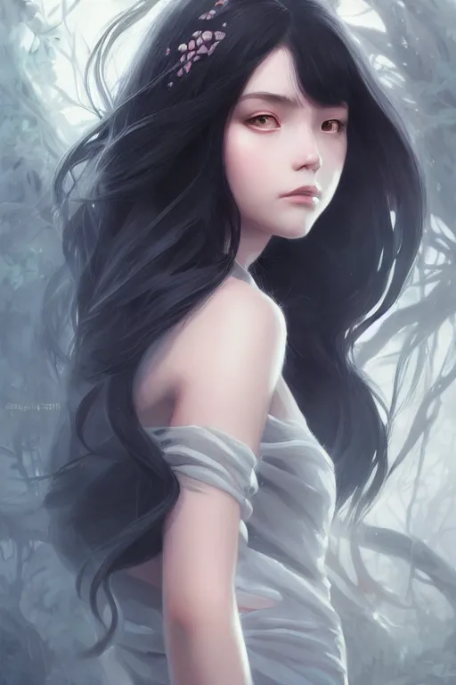 Prompt: a beautiful girl with long black hair, fantasy, sharp focus, intricate, digital painting, artstation, highly detailed, ambient lighting, portrait by Studio Ghibli, Rossdraws, artgerm, Ilya Kuvshinov, and Greg Rutkowski