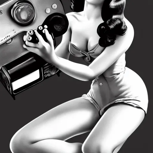 Image similar to a vintage fine art photo of a pin up girl playing with a PS4 controller, in the style of Alberto Vargas, highly detailed and intricate, cinematic lighting 4k