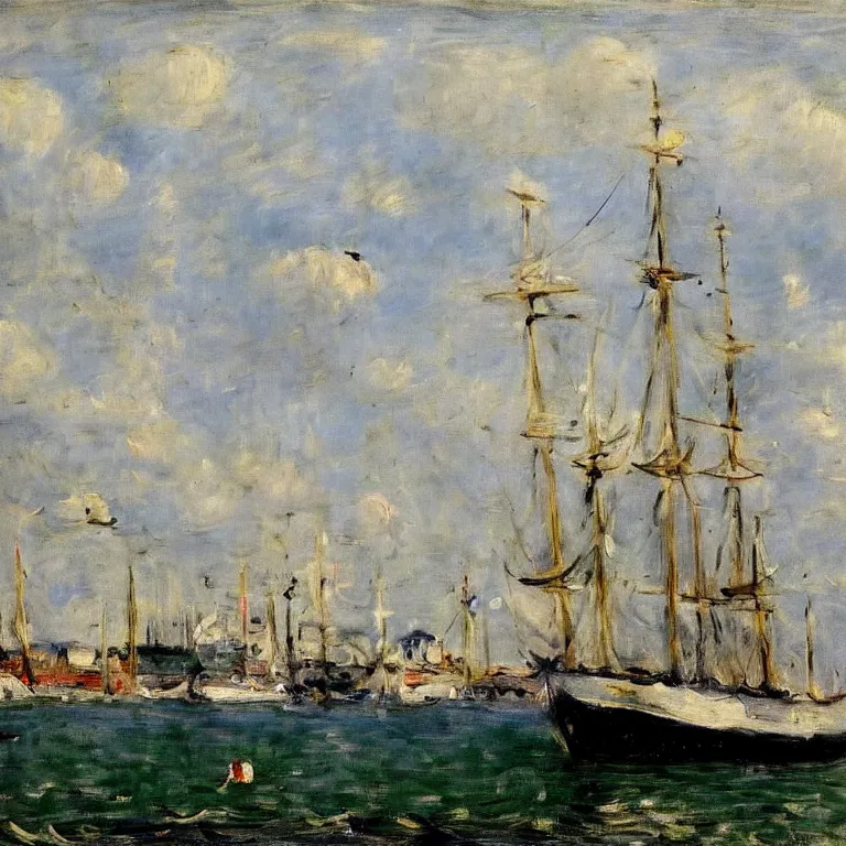 Image similar to a master painting of a big ship docked at the harbor, sharp focus, very detaied, by berthe morisot