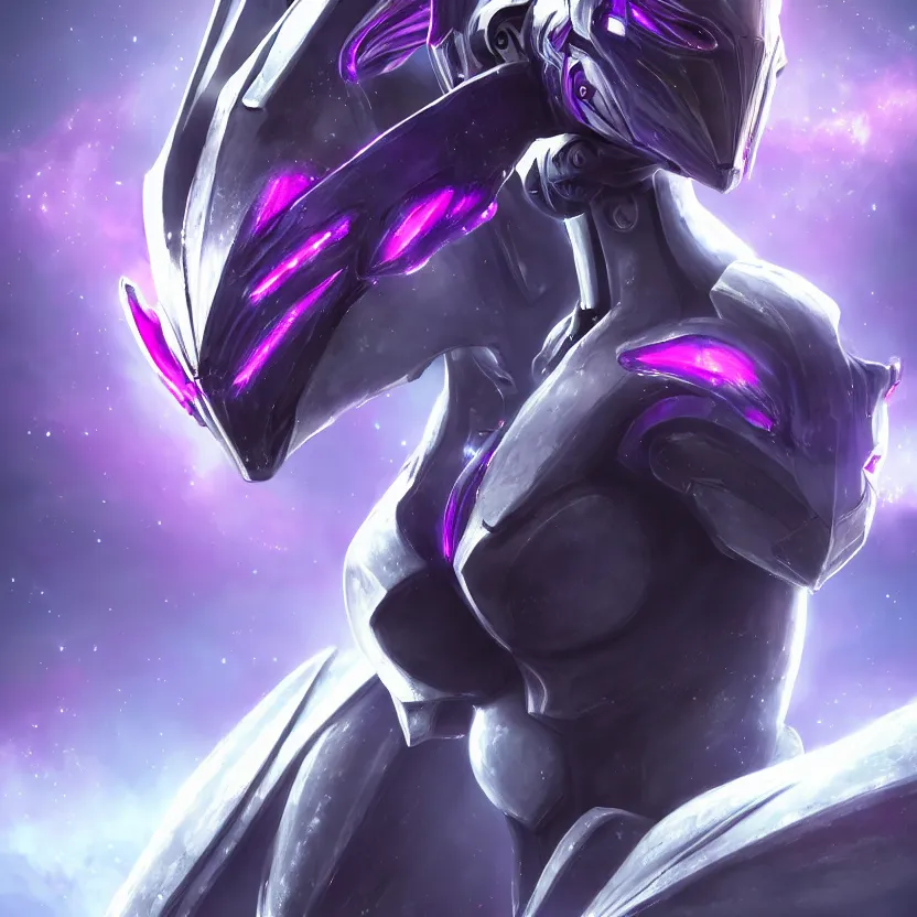 Image similar to cinematic bust shot, cosmic sized proportional stunning beautiful hot female warframe, detailed robot mecha female dragon head, metal ears purple eyes, sleek silver armor, fuschia skin, floating in empty space, nebula sized, posing elegantly, epic proportions, epic size, epic scale, furry art, dragon art, giantess art, warframe fanart, furaffinity, deviantart
