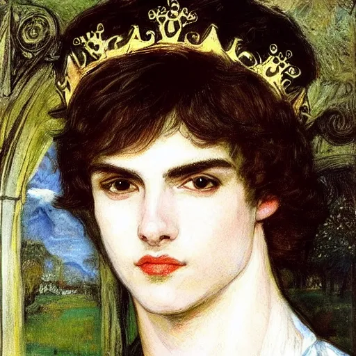 Image similar to painting of handsome beautiful medieval prince in his 2 0 s named shadow wearing a crown, elegant, clear, sharp focus, painting, stylized, art, art by john everett millais, john william waterhouse
