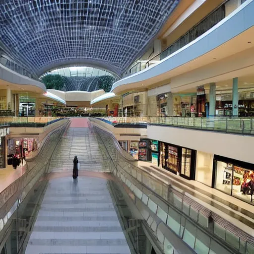 Image similar to A large modern mall with no one in it. Dream like, dark, muted colors.