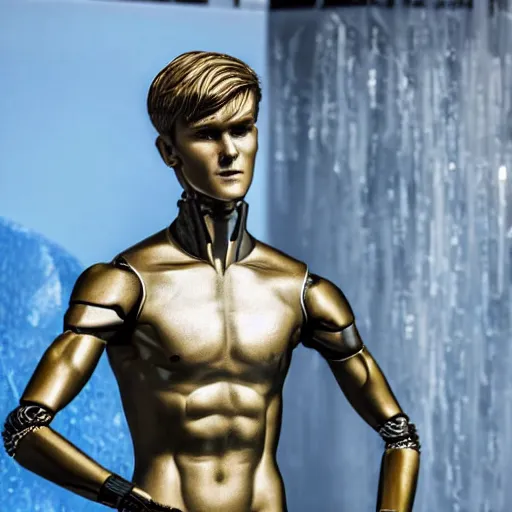 Image similar to a realistic detailed photo of a guy who is an attractive humanoid who is half robot and half humanoid, who is a male android, soccer player martin ødegaard, shiny skin, posing like a statue, blank stare, by the pool, on display, showing off his muscles, humanoid robot, frozen ice statue