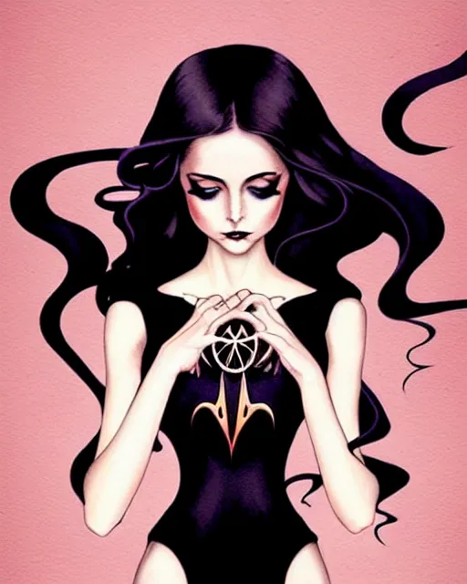 Prompt: style of kelly mckernan, artgerm : : gorgeous willa holland : : evil witch, swirling black magic, black dress : : symmetrical face, symmetrical eyes : : full body pose : : gorgeous black hair : : magic lighting, low spacial lighting : :