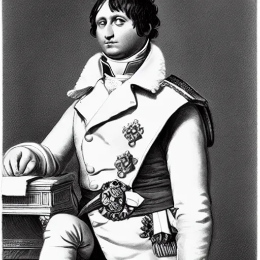 Image similar to photo, napoleon bonaparte sits on twine with his legs widely spread