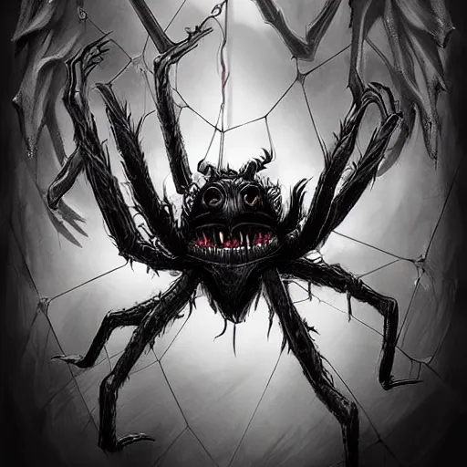 Image similar to d & d monster, huge spider monster with 1 0 0 eyes, each leg covered in mouths, dark fantasy, concept art, character art