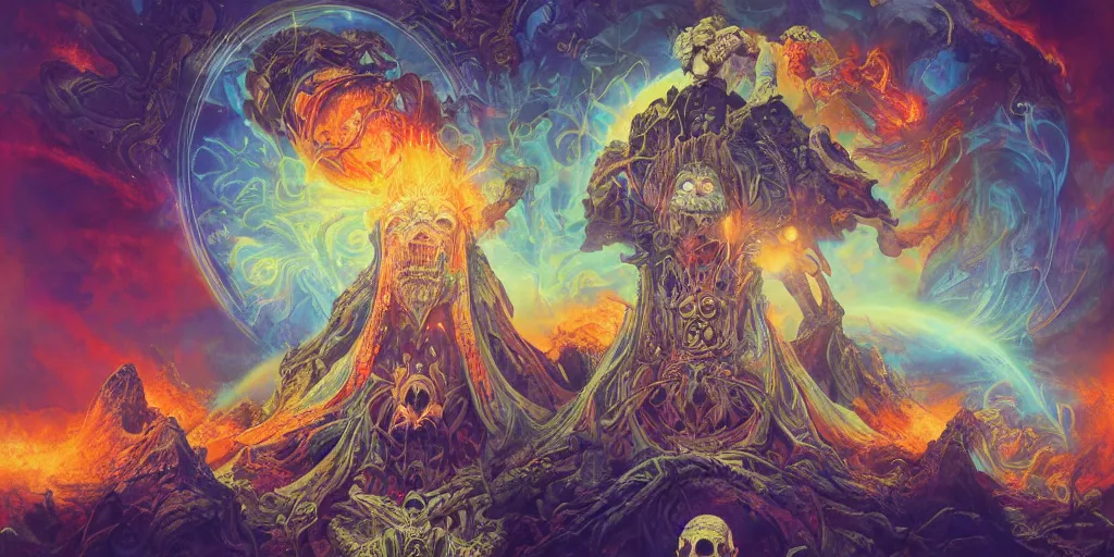 Prompt: gigantic psychedelic demonic cosmic skull of death and fire, outer space, fantasy painting, ultra realistic, dmt, symmetrical, wide angle, art nouveau, intricate details, digital painting, rainbowshift, vivid colors, highly detailed by peter mohrbacher, h. r. giger, maxfield parrish, craig mullins, octane render, cgi