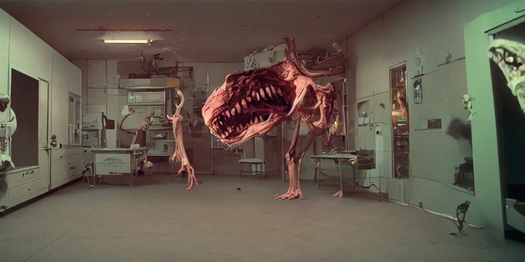 Image similar to a scary filmic wide shot color ground level angle movie still 35mm film photograph of the full body of a dangerous shape shifting alien creature, with multiple mutated snarling drooling human faces with a grotesque variety of human and animal limbs protruding from its lower torso inside of a 1970s science lab, neon lights, dirty, ektachrome photograph, volumetric lighting, f8 aperture, cinematic Eastman 5384 film