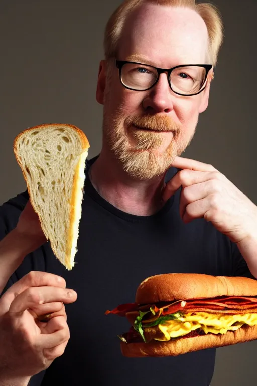 Image similar to 📷 portrait of adam savage with a sandwich head, food face, still image, high resolution, 4 k