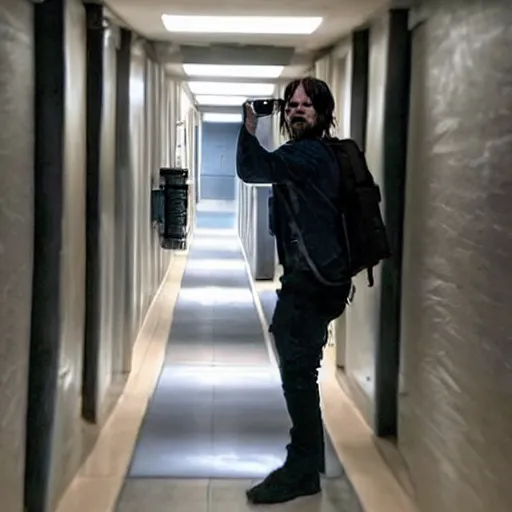 Prompt: Norman Reedus taking a selfie in the backrooms hallway wearing Death Stranding poster power armor, liminal space hallway, backrooms, selfie photo