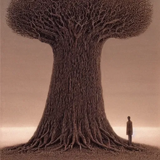 Image similar to a large tree on a plain lit on fire. by zdzisław beksinski.