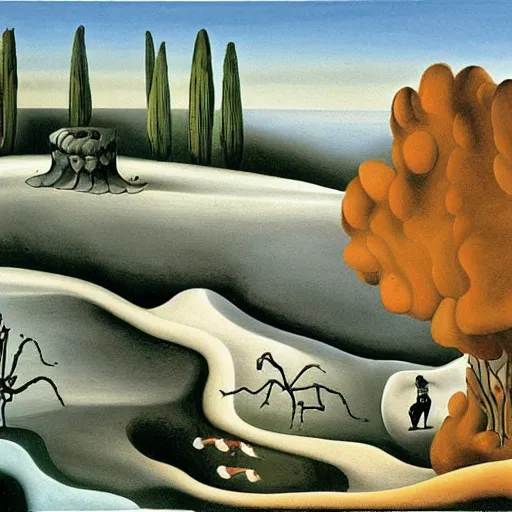 Prompt: A Landscape by Charles Addams and salvador dali