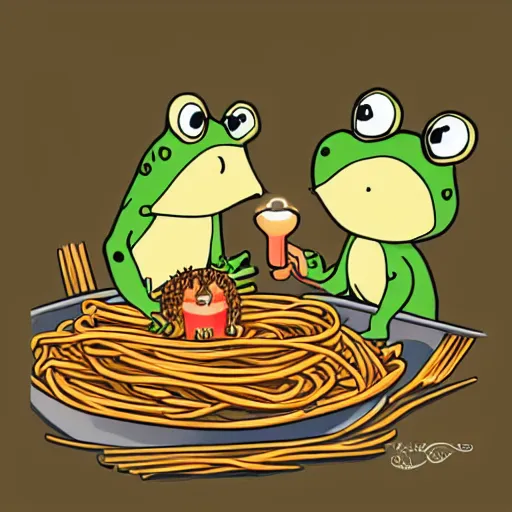 Prompt: frog and hedgehog on a romantic candlelit date eating spaghetti
