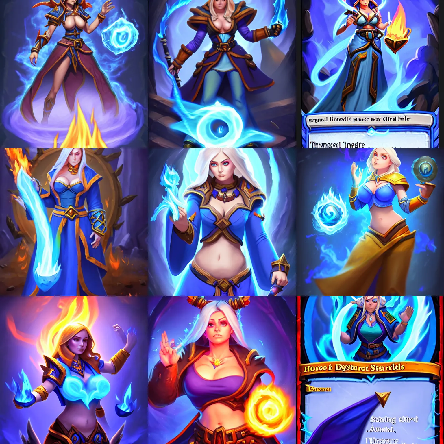 Prompt: Physical : tinyest midriff ever, largest haunches ever, fullest body, small head, SFW huge breasts; Who : a female mage with a blue robe casting a fire spell; Mega important : Hearthstone official splash art, SFW, perfect master piece, award winning