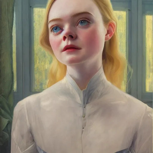 Image similar to Elle Fanning as an Android, oil on canvas, golden hour, in the world of Andrew Wyeth, artstation, by J. C. Leyendecker and Peter Paul Rubens,