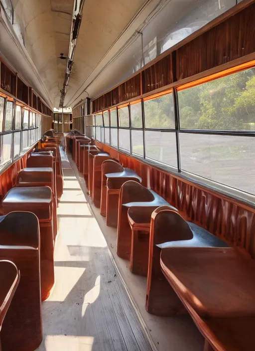 Prompt: interior design of a schoolie, mid - century modern converted school bus interior design by philippe starck and victoria hagan, detailed digital photography by rutkovski and beksinski, masterpiece, gorgeous, 4 k